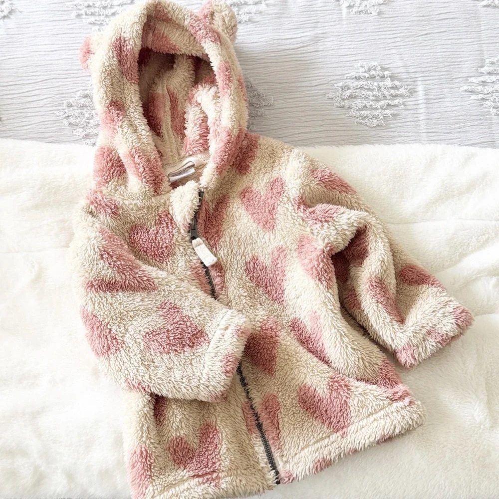 Hanna Anderson gray pink heart print fluffy fleece hooded jacket size 18-24 mos